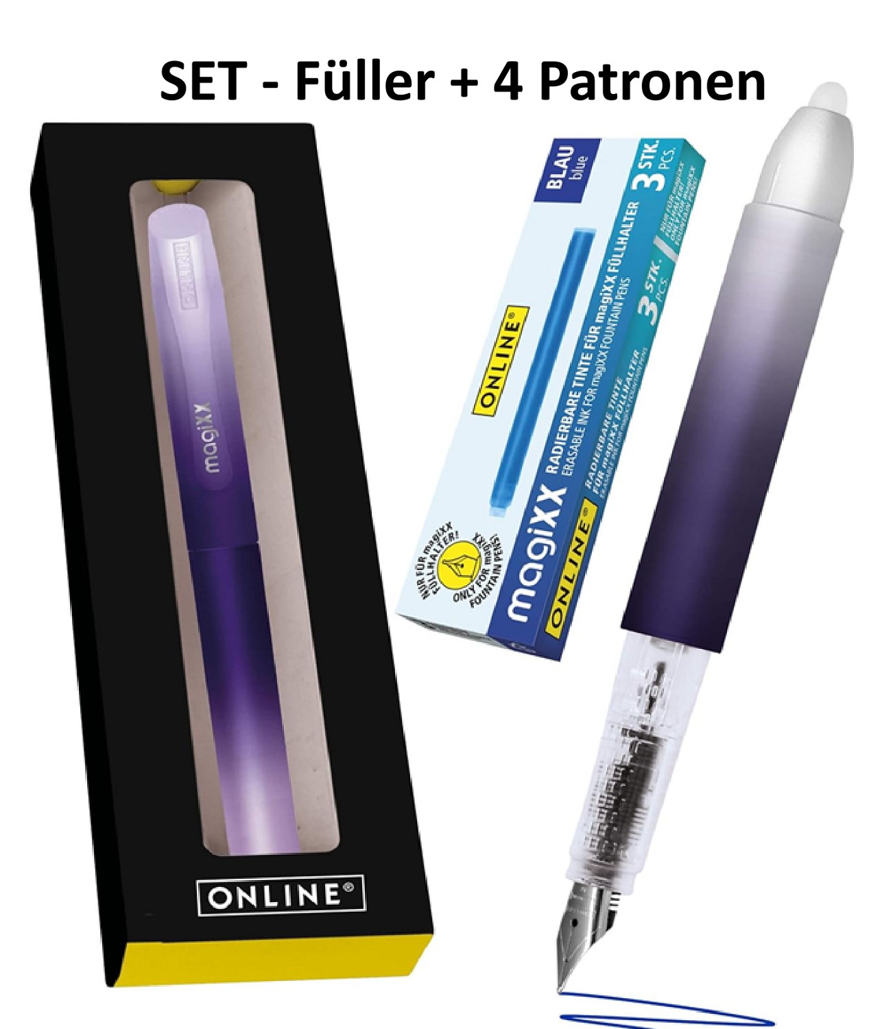 Radierbarer Füller für Schule -  MagiXX Violet/Lila/Silber + 4 Patronen blau Online - lavender