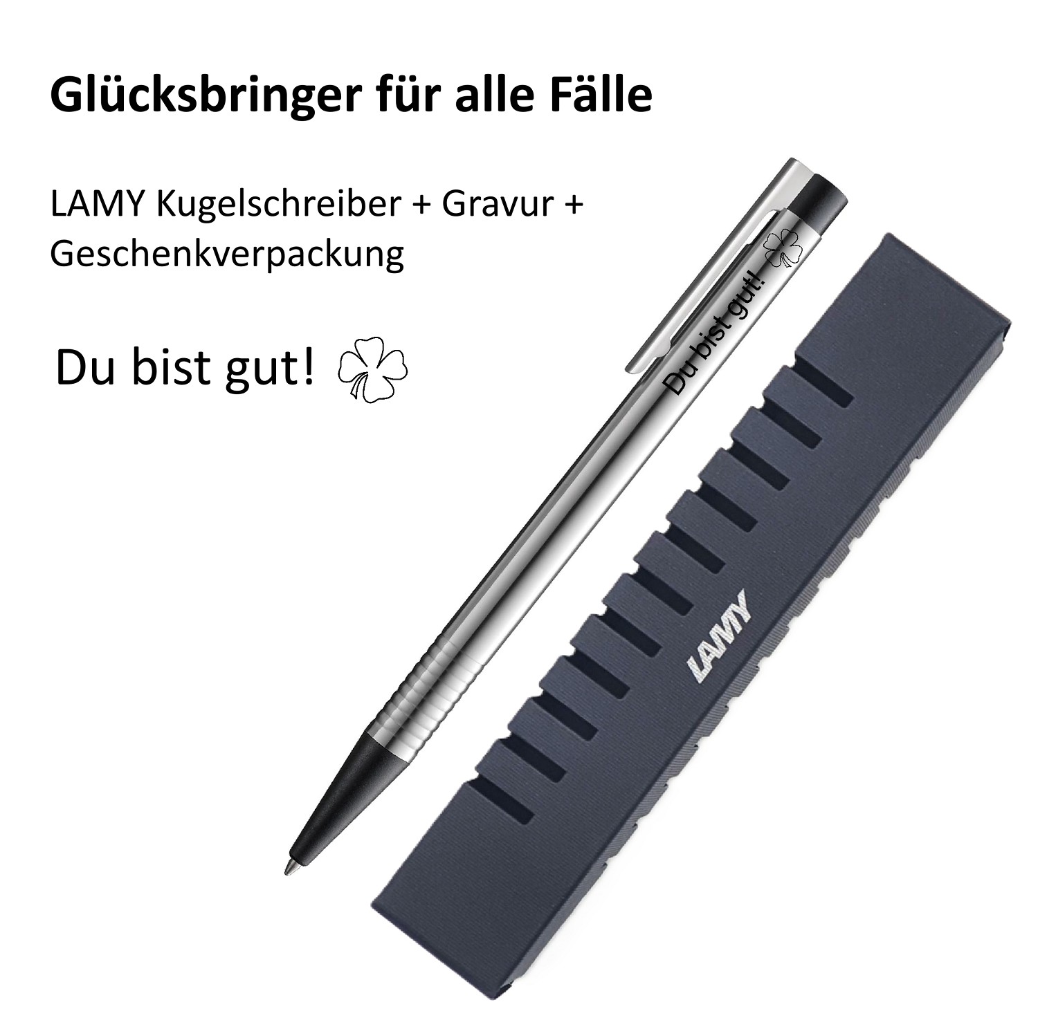 LAMY Kugelschreiber schwarz Geschenk Gravur Kleeblatt Prüfung Glücksbringer Du bist gut!