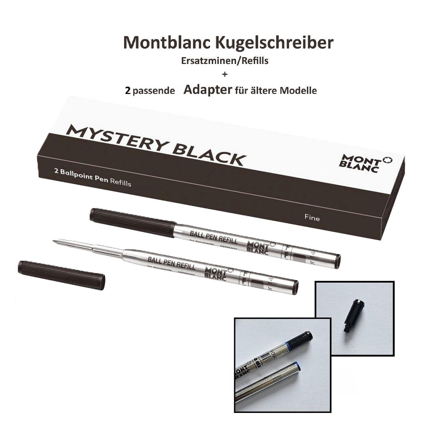 2x MONTBLANC Ersatzmine Kugelschreiber F Schwarz + 2 x passender Adapter Schwarz