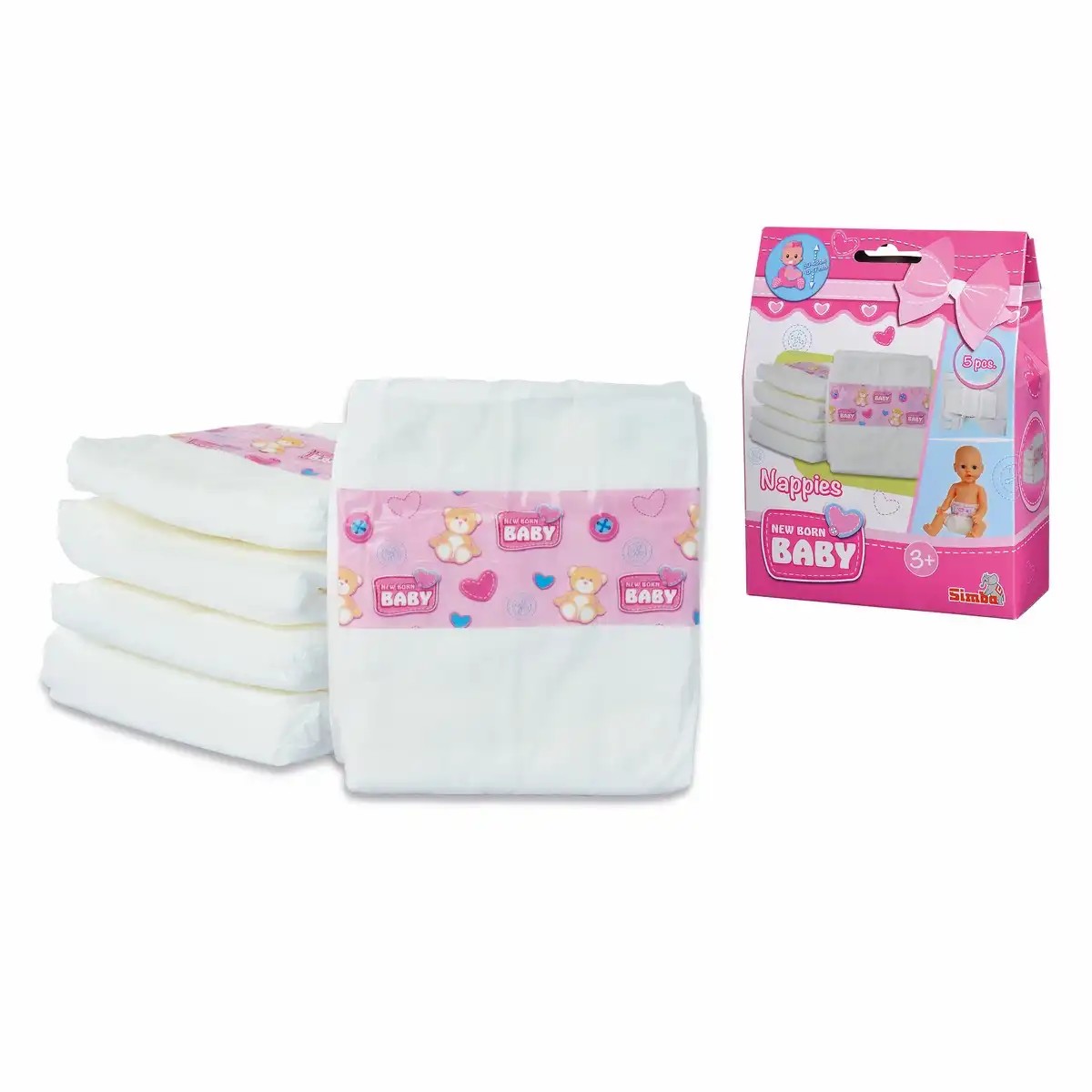 5x SIMBA Puppen Windeln - Rosa/Weiß + Bärchen Baby 38-43 cm - im Geschenk Set