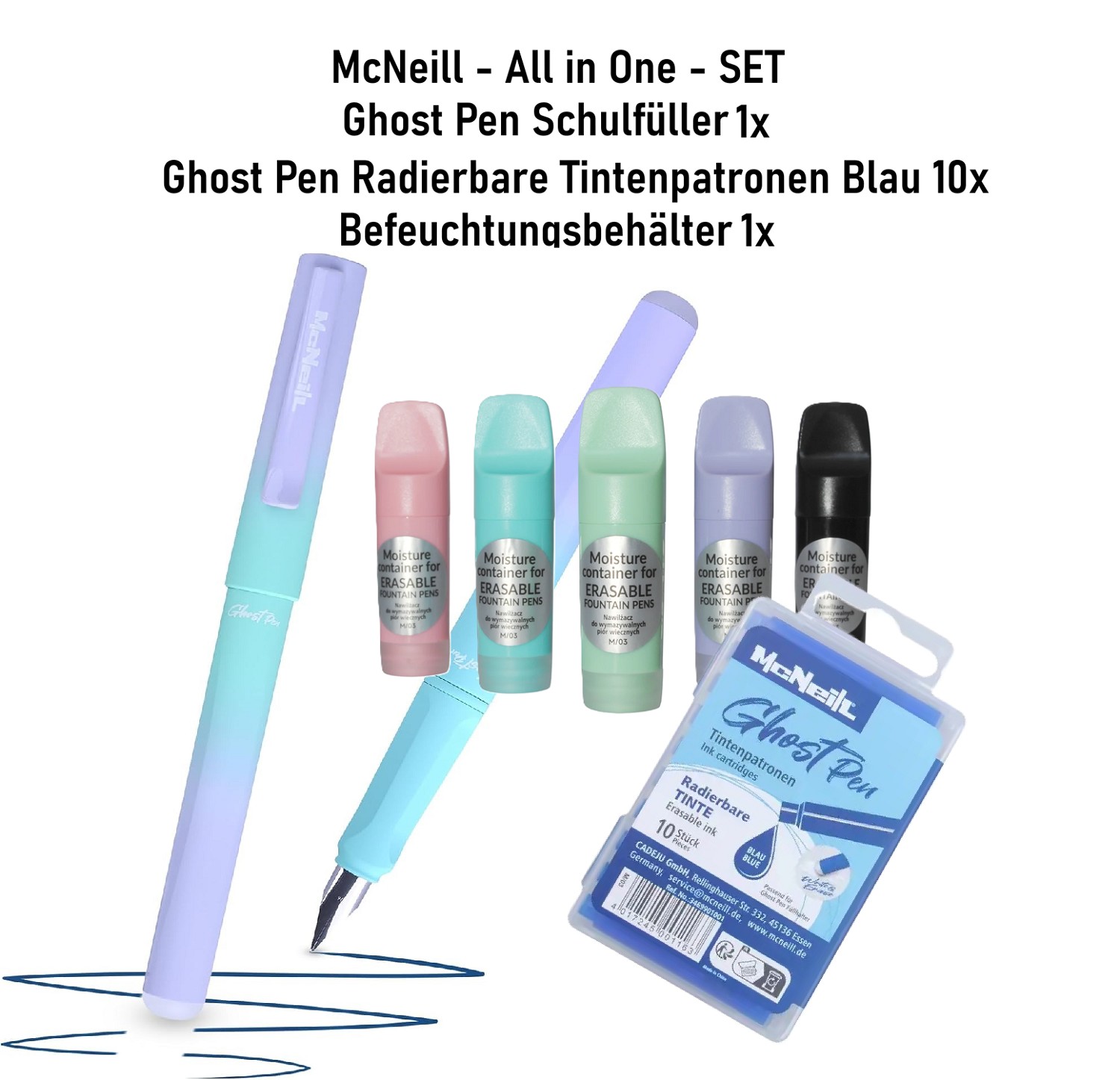 1x McNeill Befeuchter + radierbare Patronen + Ghost Pen Füller Blue Berry - SET