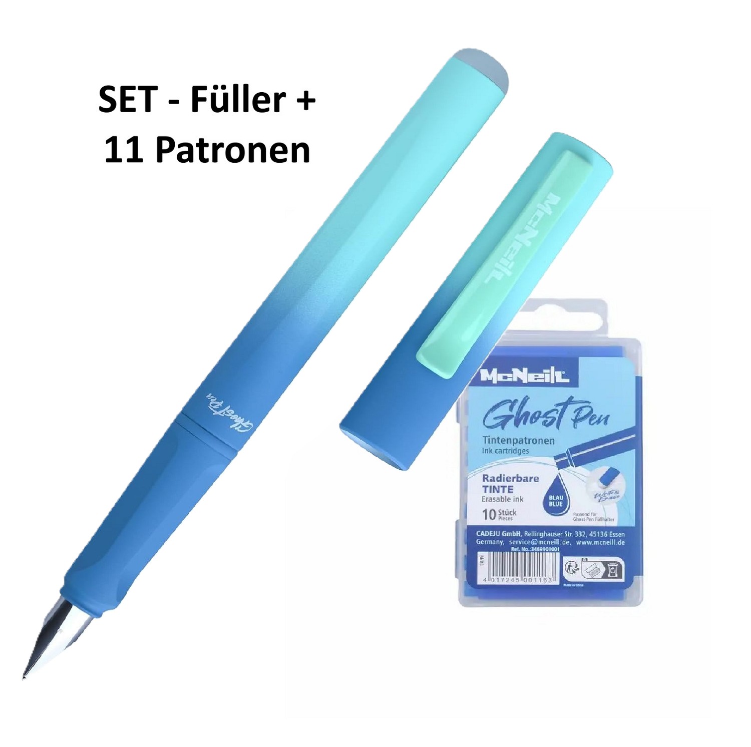 McNeill Ghost Pen Blau Türkis Füller + 11 Patronen blau löschbar/radierbar - SET