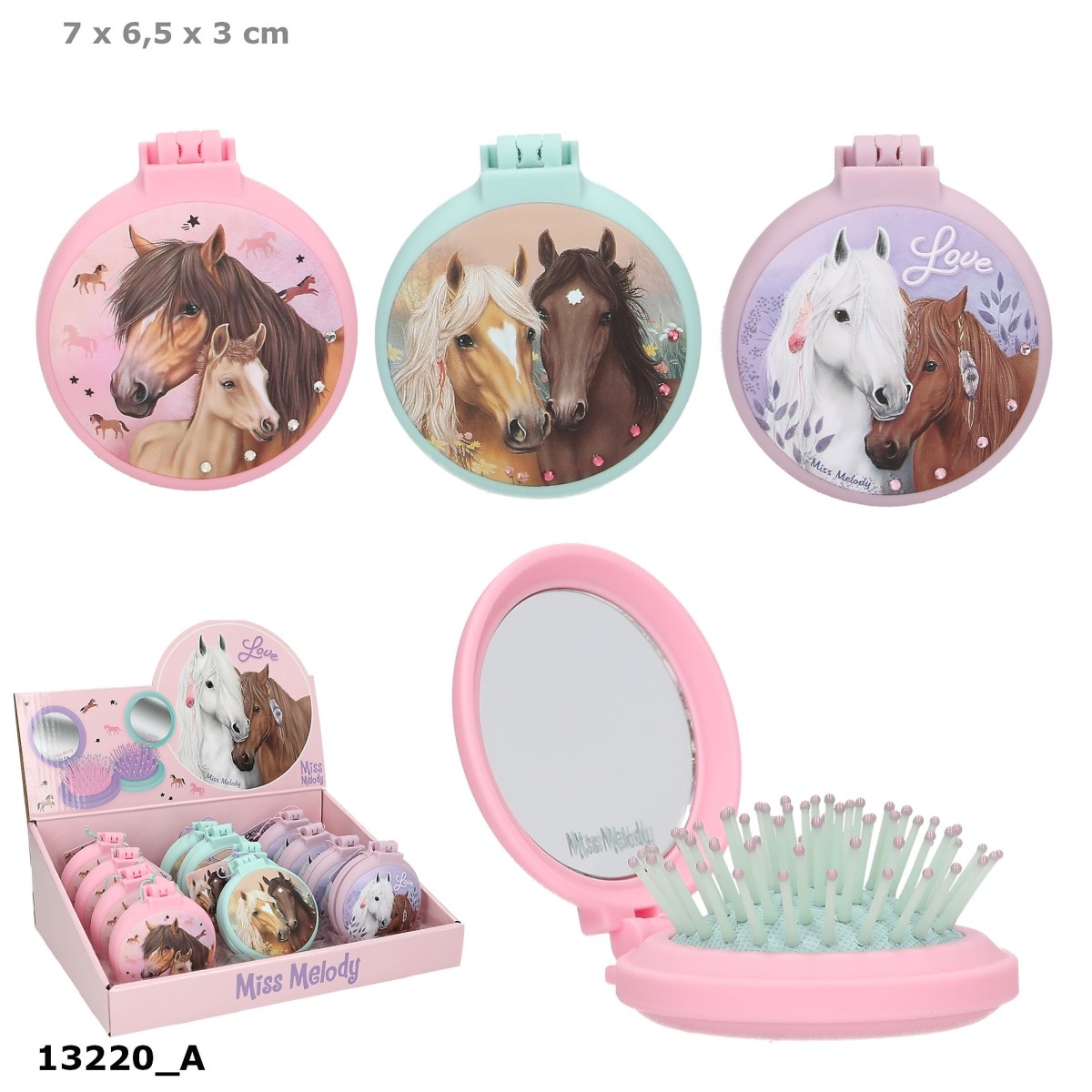 1x TOPMODEL Klapp Haar Bürste inkl. Spiegel - klein - Pferde Motiv - Pastell - Auswahl möglich