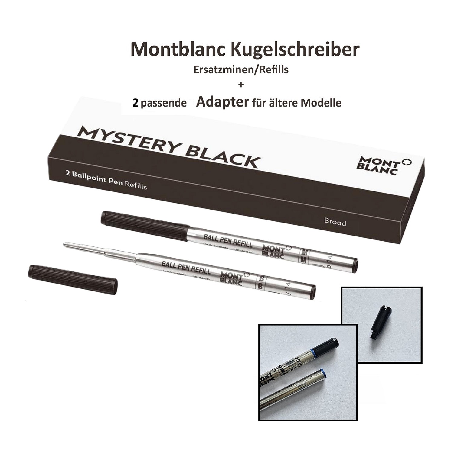 2x MONTBLANC Ersatzmine Kugelschreiber B Schwarz + 2 x passender Adapter Schwarz