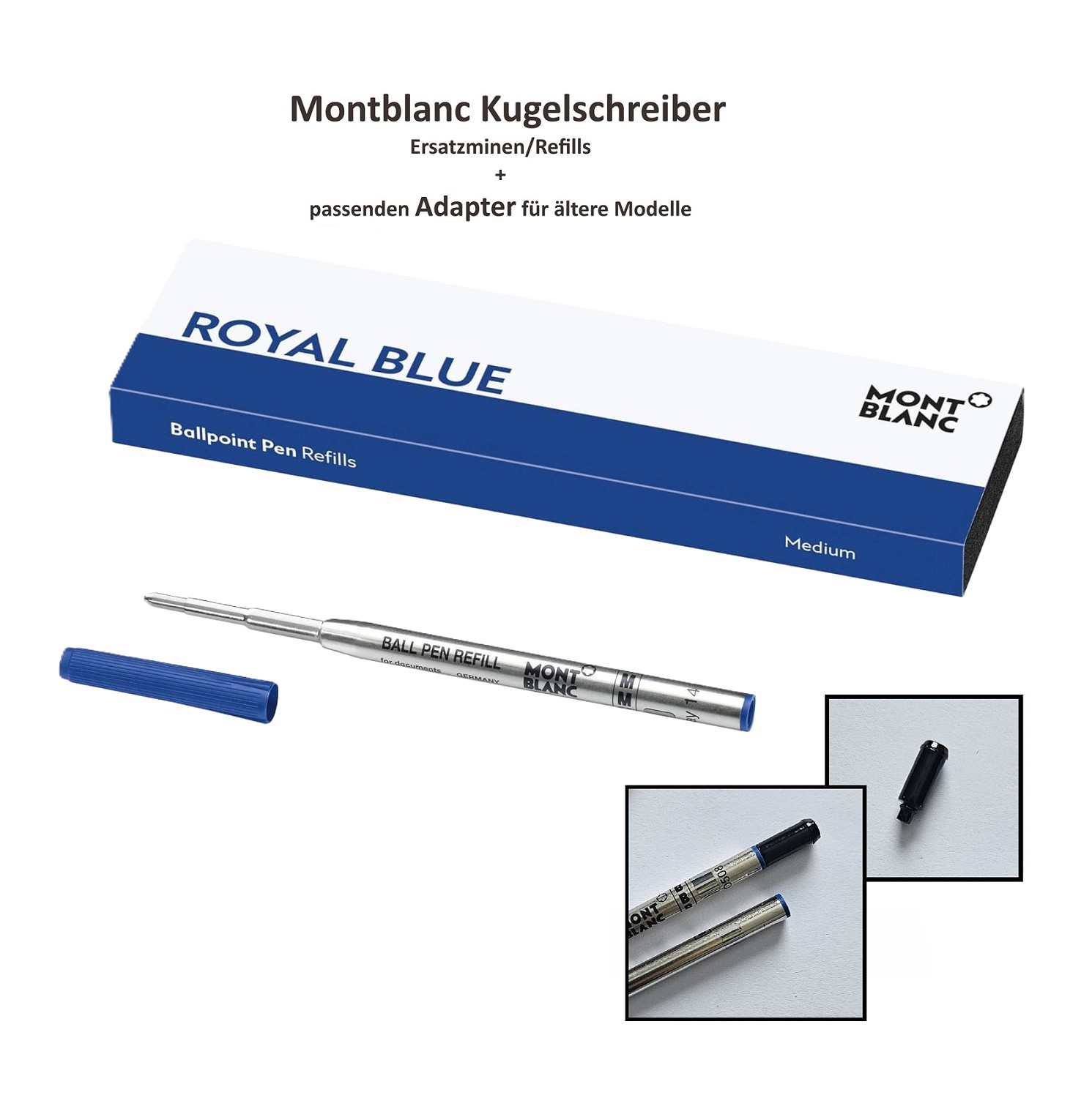 1x MONTBLANC Ersatzmine Kugelschreiber M Mittel Blau + passender Adapter Schwarz