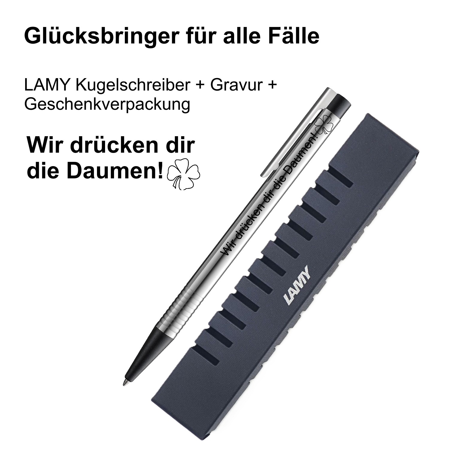 LAMY Kugelschreiber schwarz Geschenk Gravur Kleeblatt Prüfung Glücksbringer Wir drücken dir die Daumen!