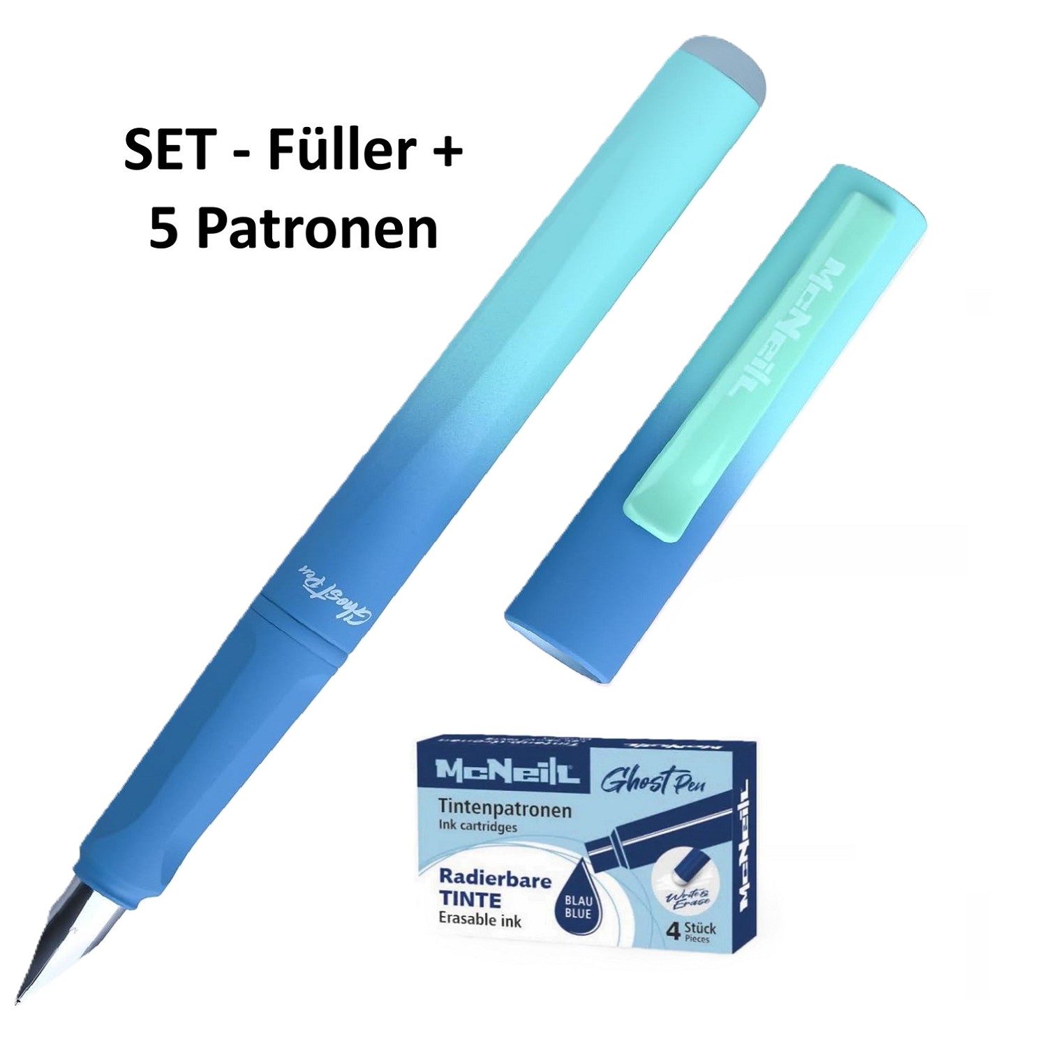 McNeill Ghost Pen Blau Türkis Füller + 5 Patronen blau löschbar/radierbar - SET