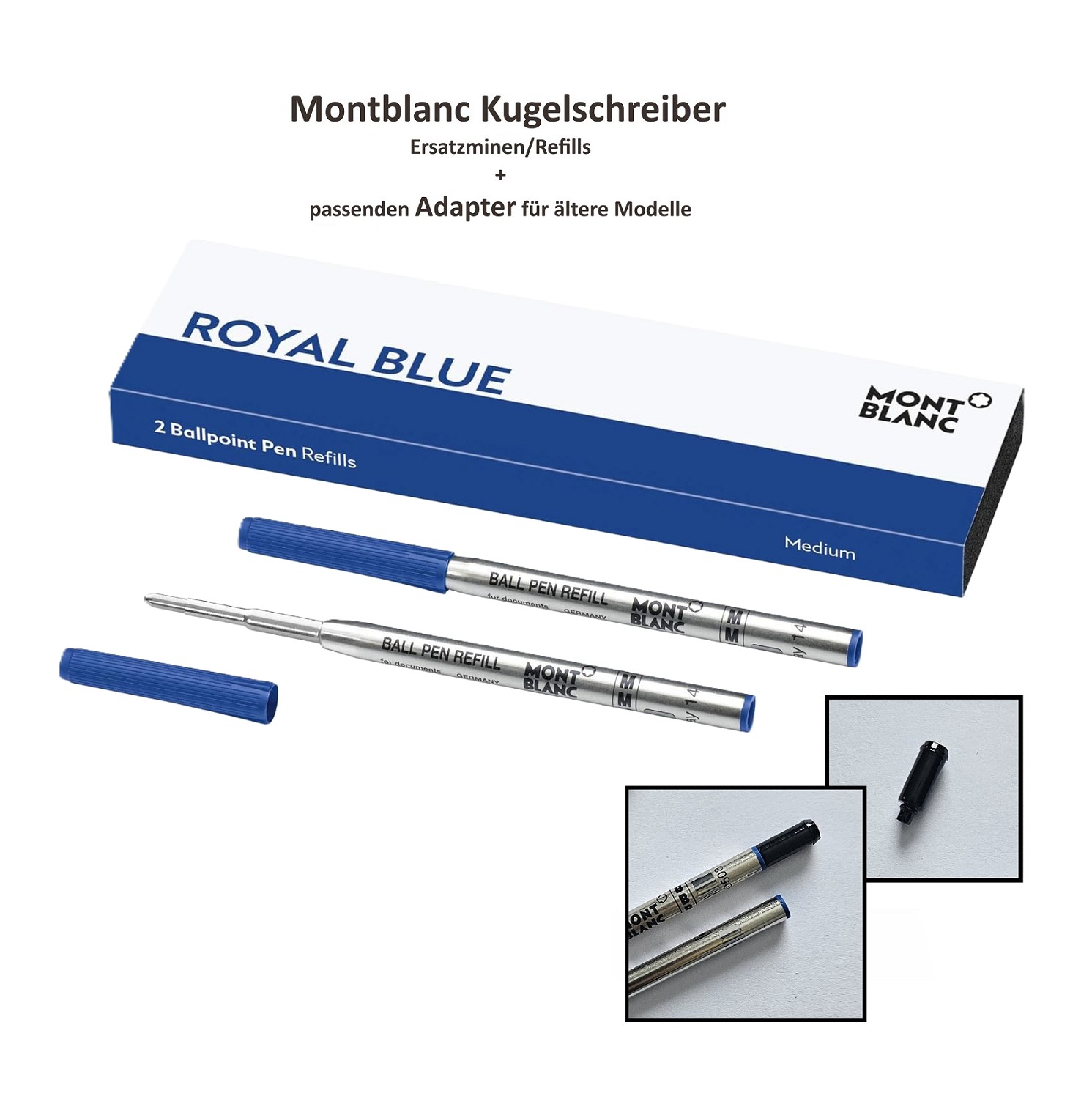 2x MONTBLANC Ersatzmine Kugelschreiber M Blau + 1 x passender Adapter Schwarz