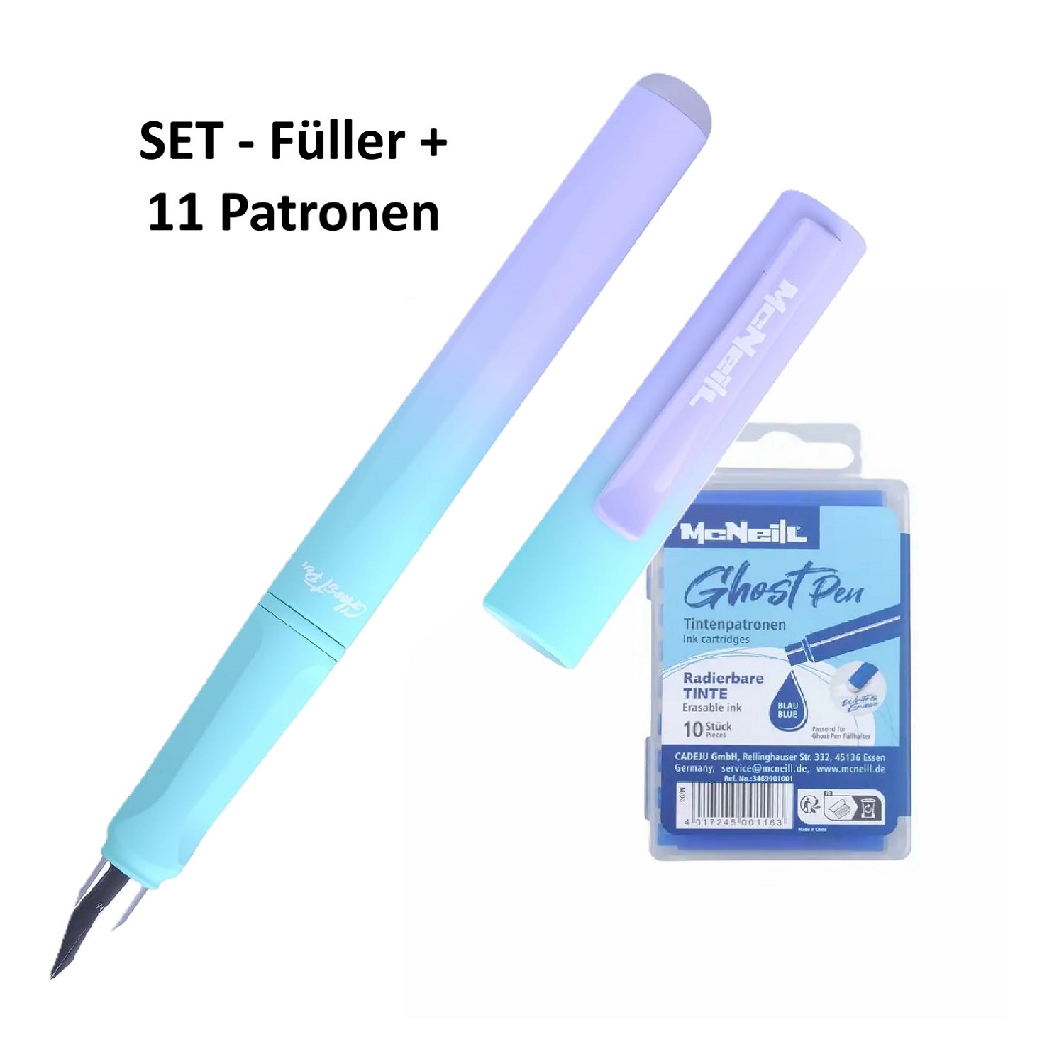 McNeill Ghost Pen Lila Blau Füller + 11 Patronen blau löschbar/radierbar - SET