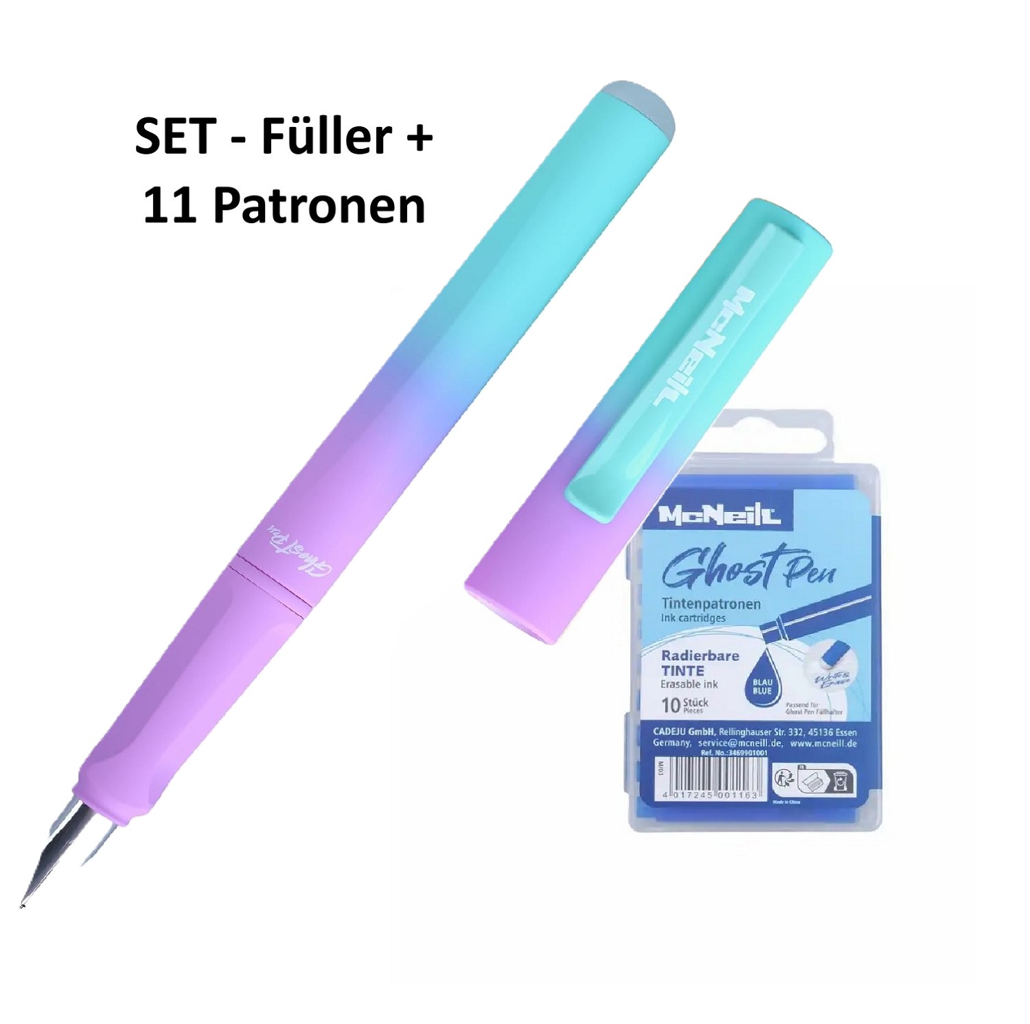 McNeill Ghost Pen Lila Türkis Füller + 11 Patronen blau löschbar/radierbar - SET